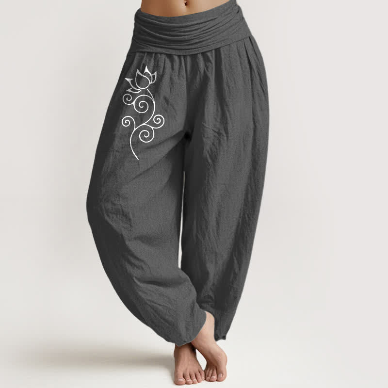 Buddha Stones Pure Cotton White Lotus Floral Vine Pattern Women's Elastic Waist Harem Pants - DimGray - US16，UK/AU20，EU48 (3XL) - image 8
