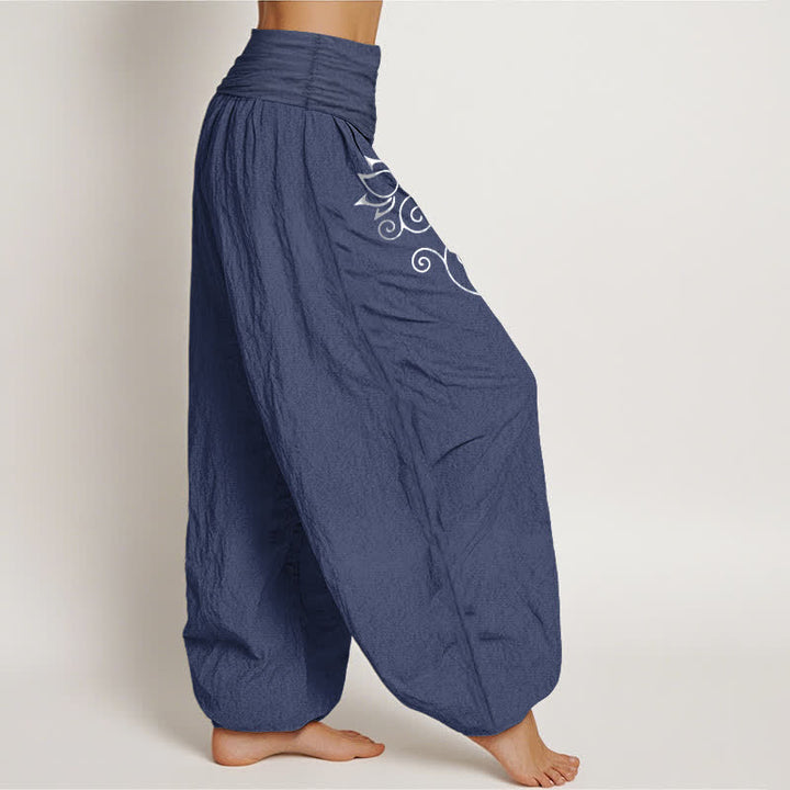 Buddha Stones Pure Cotton White Lotus Floral Vine Pattern Women's Elastic Waist Harem Pants - image 1