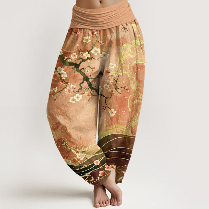 Buddha Stones Pure Cotton Sakura Blossom Branch Pattern Women's Elastic Waist Harem Pants - BurlyWood - US16，UK/AU20，EU48 (3XL) - image 0