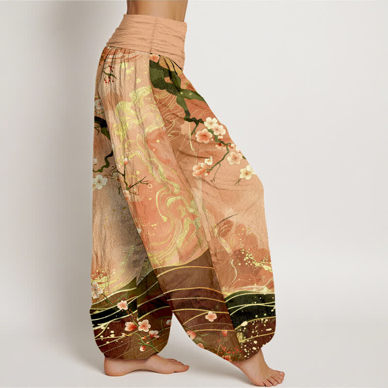 Buddha Stones Pure Cotton Sakura Blossom Branch Pattern Women's Elastic Waist Harem Pants - image 1