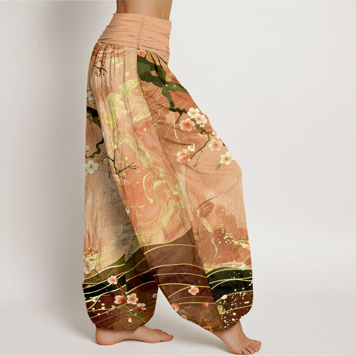 Buddha Stones Pure Cotton Sakura Blossom Branch Pattern Women's Elastic Waist Harem Pants - image 1