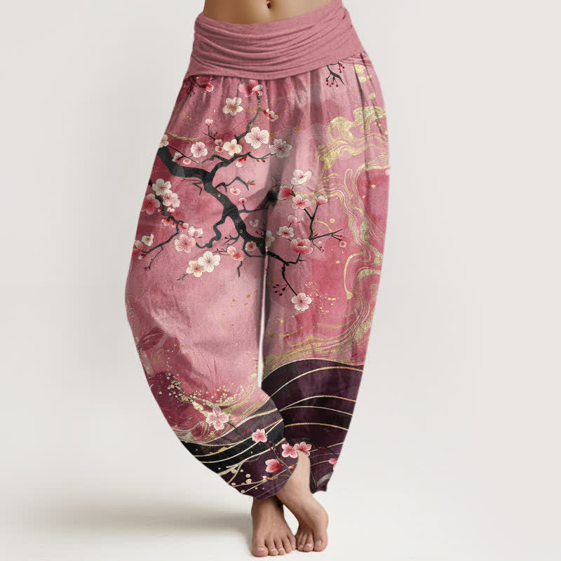 Buddha Stones Pure Cotton Sakura Blossom Branch Pattern Women's Elastic Waist Harem Pants - PaleVioletRed - US16，UK/AU20，EU48 (3XL) - image 8