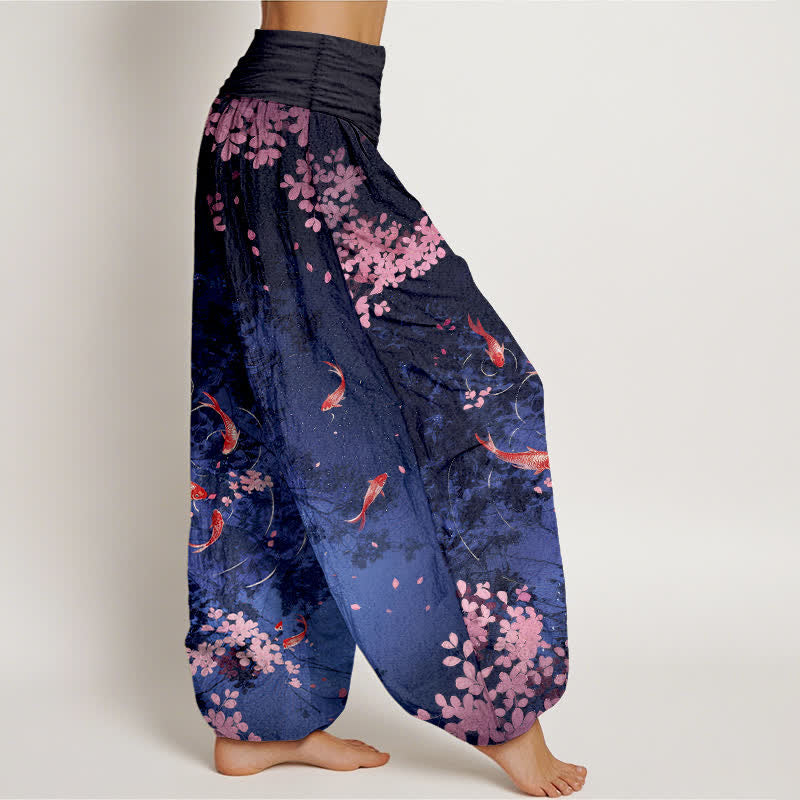 Buddha Stones Pure Cotton Koi Fish Sakura Pattern Women's Elastic Waist Pants With Pockets - image 1