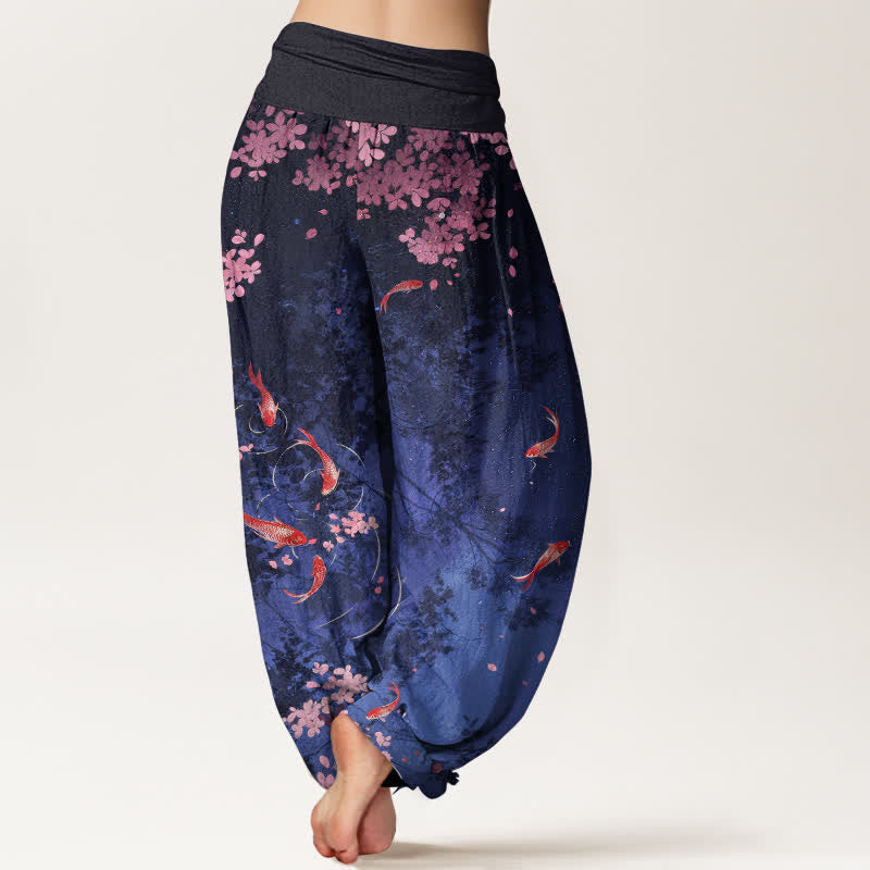 Buddha Stones Pure Cotton Koi Fish Sakura Pattern Women's Elastic Waist Pants With Pockets - image 2