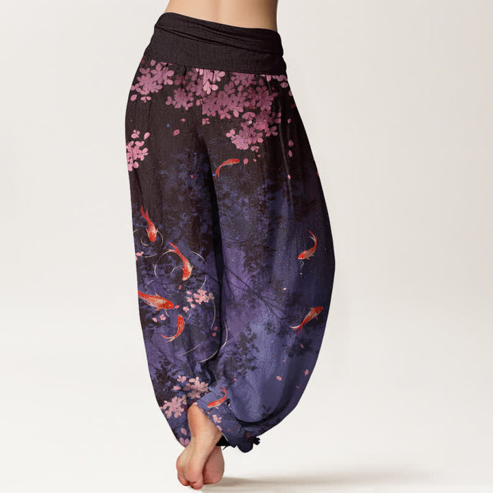 Buddha Stones Pure Cotton Koi Fish Sakura Pattern Women's Elastic Waist Pants With Pockets - image 10