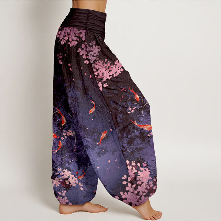 Buddha Stones Pure Cotton Koi Fish Sakura Pattern Women's Elastic Waist Pants With Pockets - image 9