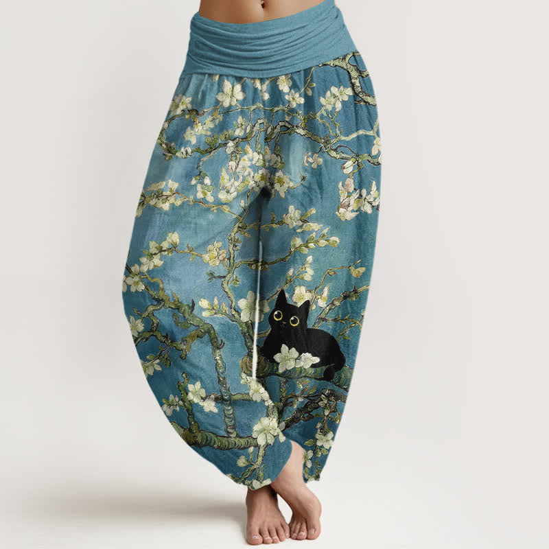 Buddha Stones Pure Cotton Botanical Blossom Cat Pattern Women's Elastic Waist Harem Pants - CadetBlue - US16，UK/AU20，EU48 (3XL) - image 0