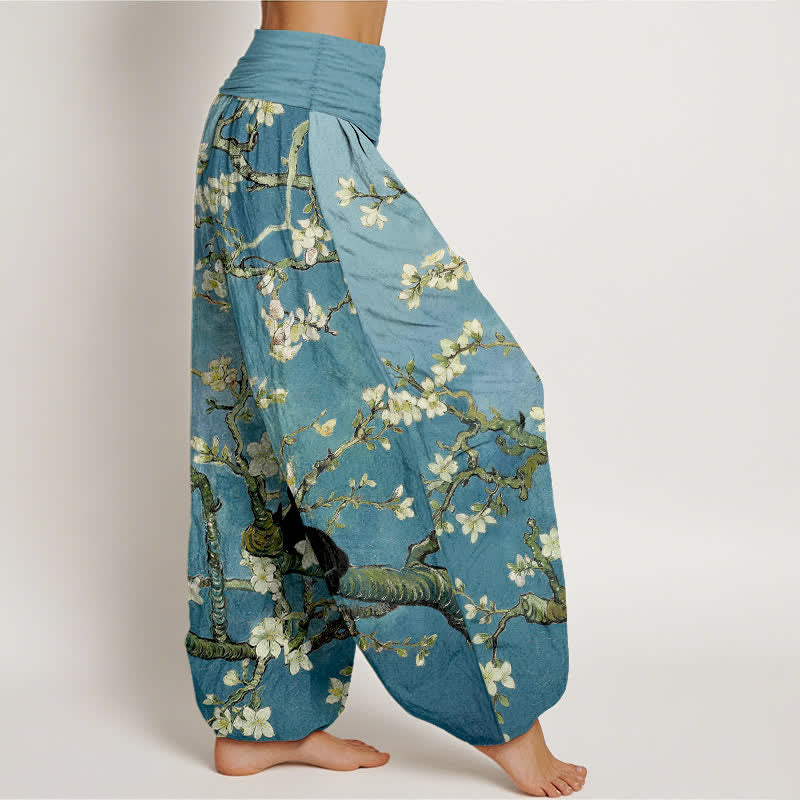 Buddha Stones Pure Cotton Botanical Blossom Cat Pattern Women's Elastic Waist Harem Pants - image 1