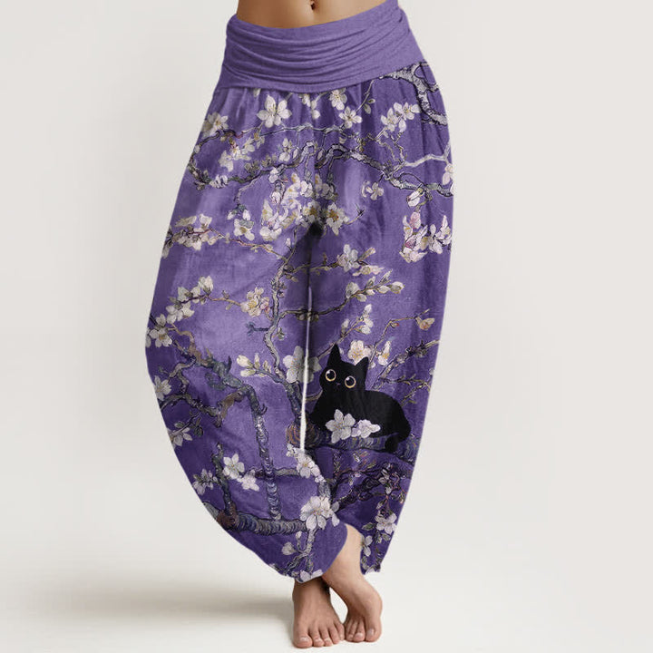 Buddha Stones Pure Cotton Botanical Blossom Cat Pattern Women's Elastic Waist Harem Pants - MediumPurple - US16，UK/AU20，EU48 (3XL) - image 5