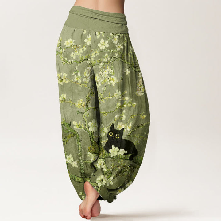 Buddha Stones Pure Cotton Botanical Blossom Cat Pattern Women's Elastic Waist Harem Pants - image 10