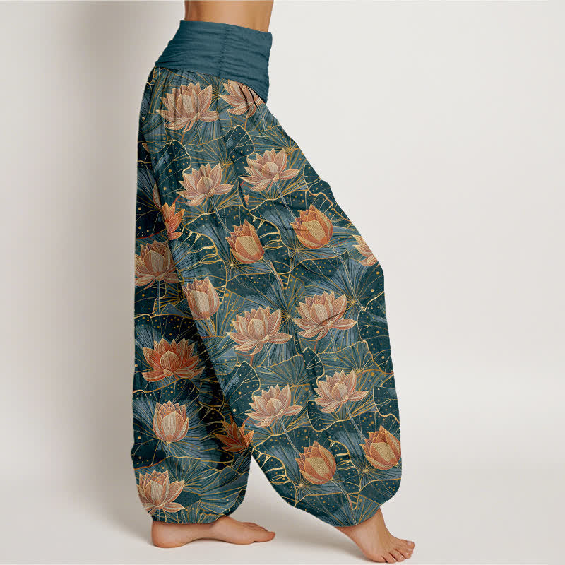 Buddha Stones Pure Cotton Lotus Bloom Pattern Women's Elastic Waist Harem Pants - image 1