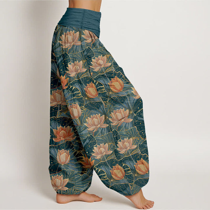 Buddha Stones Pure Cotton Lotus Bloom Pattern Women's Elastic Waist Harem Pants - image 1