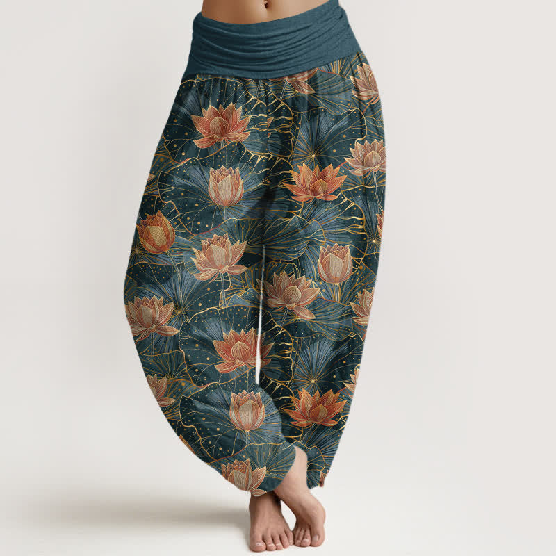 Buddha Stones Pure Cotton Lotus Bloom Pattern Women's Elastic Waist Harem Pants - Teal - US16，UK/AU20，EU48 (3XL) - image 0
