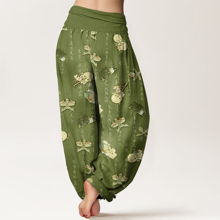 Buddha Stones Pure Cotton Kite Musical Instrument Calligraphy Pattern Women's Elastic Waist Harem Pants - image 2