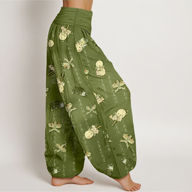 Buddha Stones Pure Cotton Kite Musical Instrument Calligraphy Pattern Women's Elastic Waist Harem Pants - image 1
