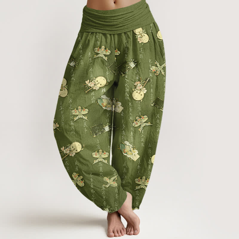 Buddha Stones Pure Cotton Kite Musical Instrument Calligraphy Pattern Women's Elastic Waist Harem Pants - OliveDrab - US16，UK/AU20，EU48 (3XL) - image 0