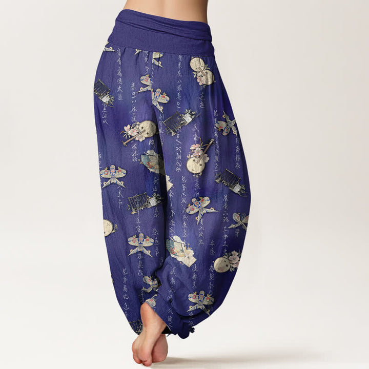 Buddha Stones Pure Cotton Kite Musical Instrument Calligraphy Pattern Women's Elastic Waist Harem Pants - image 10
