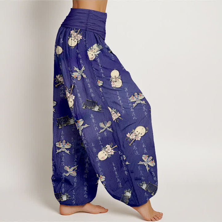 Buddha Stones Pure Cotton Kite Musical Instrument Calligraphy Pattern Women's Elastic Waist Harem Pants - image 9