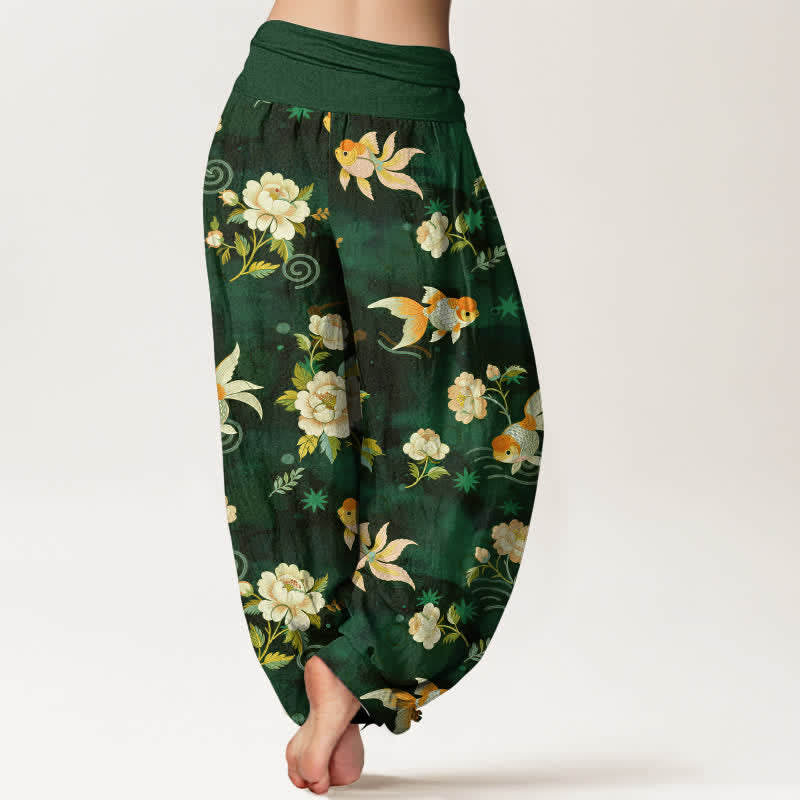 Buddha Stones Pure Cotton Koi Fish Floral Pattern Women's Elastic Waist Harem Pants - image 7