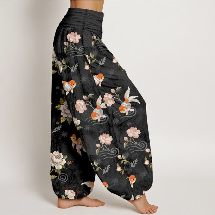 Buddha Stones Pure Cotton Koi Fish Floral Pattern Women's Elastic Waist Harem Pants - image 9