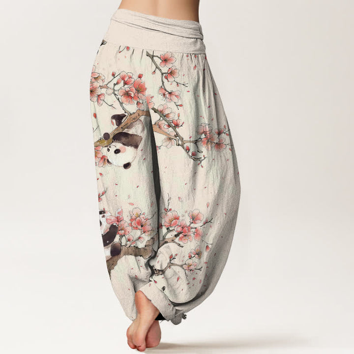 Buddha Stones Pure Cotton Panda Cherry Blossom Pattern Women's Elastic Waist Harem Pants - image 2