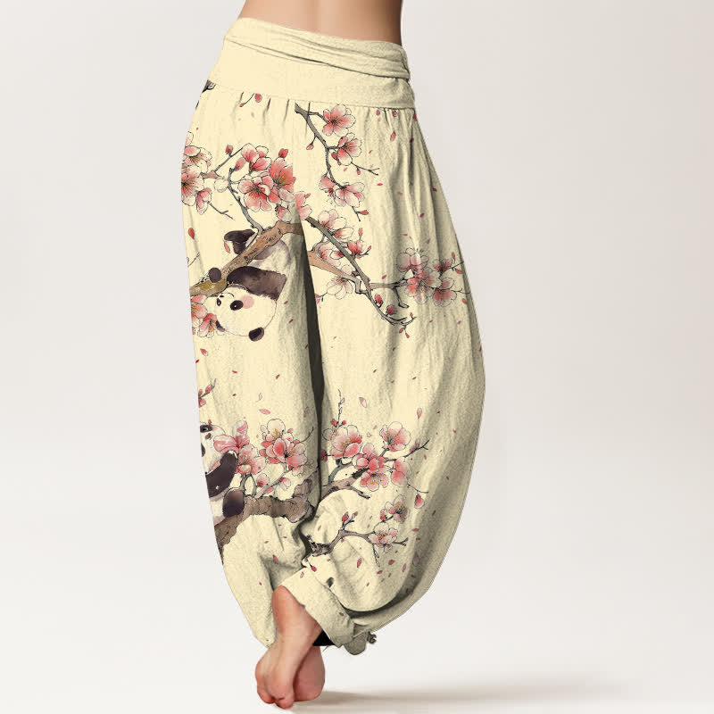 Buddha Stones Pure Cotton Panda Cherry Blossom Pattern Women's Elastic Waist Harem Pants - image 10