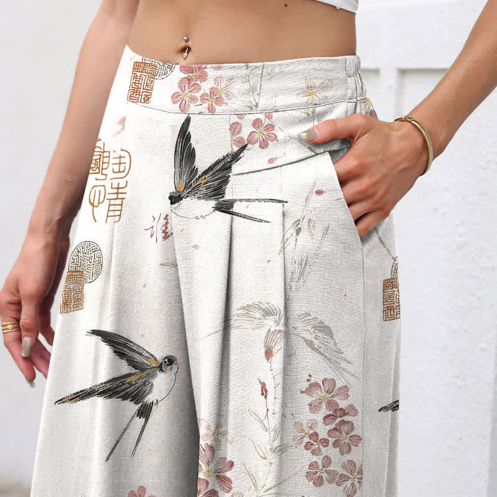 Buddha Stones Cotton Linen Floral Bird Pattern Women's Elastic Waist Wide Leg Pants With Pockets - image 2