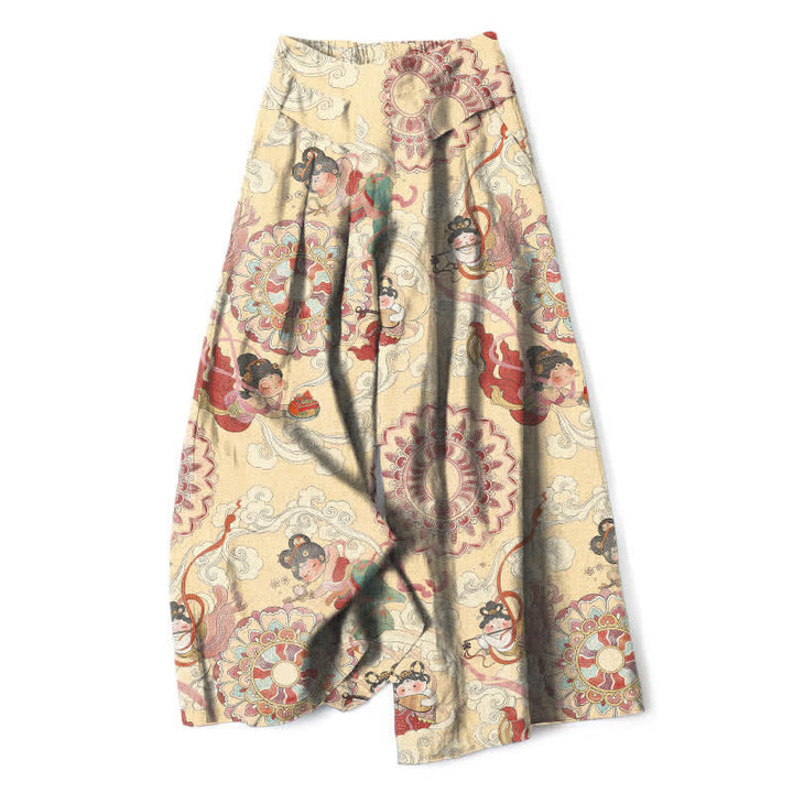 Buddha Stones Cotton Linen Fairy Floral Pattern Women's Elastic Waist Wide Leg Pants With Pockets - PaleGoldenrod - US16，UK/AU20，EU48 (3XL) - image 5