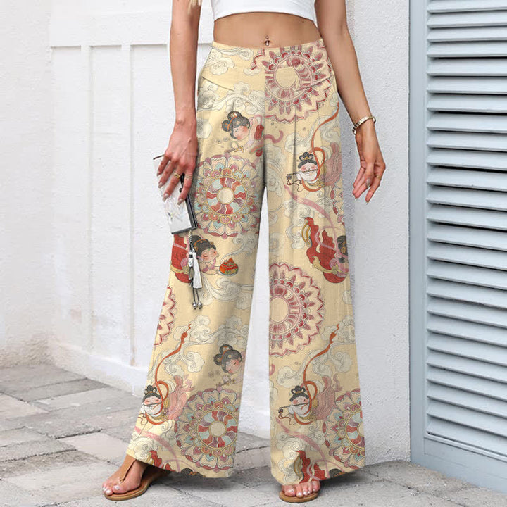 Buddha Stones Cotton Linen Fairy Floral Pattern Women's Elastic Waist Wide Leg Pants With Pockets - image 6