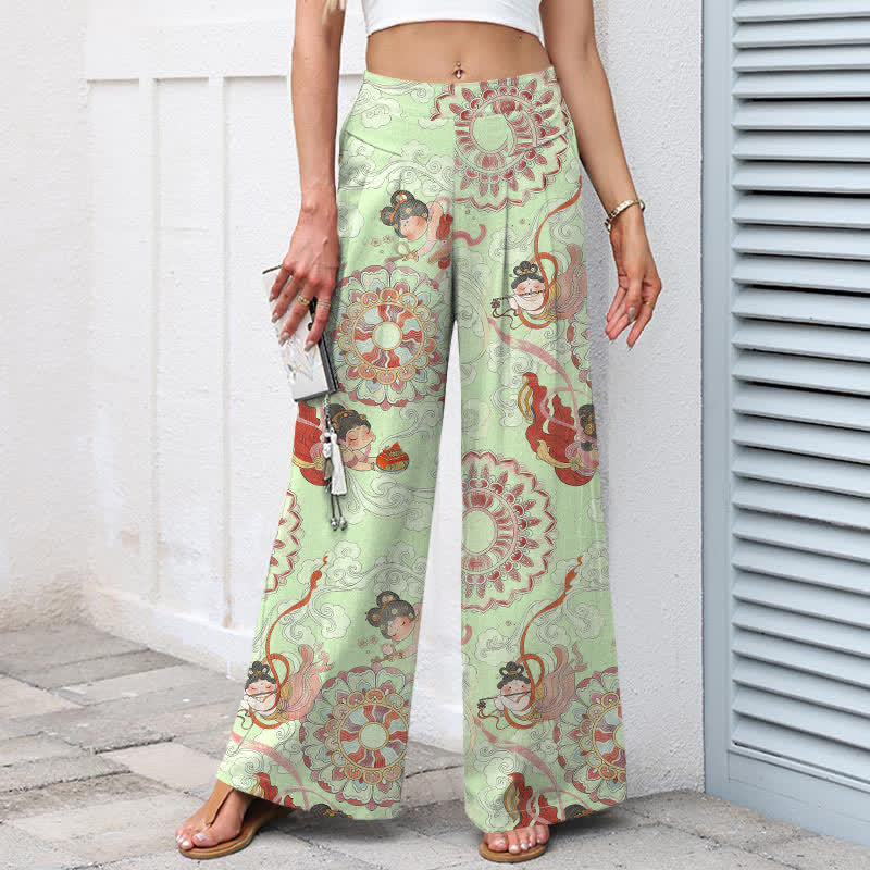 Buddha Stones Cotton Linen Fairy Floral Pattern Women's Elastic Waist Wide Leg Pants With Pockets - image 8