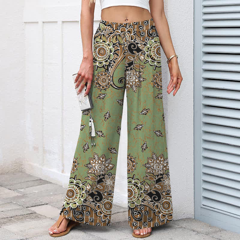 Buddha Stones Cotton Linen Bohemian Mandala Pattern Women's Elastic Waist Wide Leg Pants With Pockets - image 1