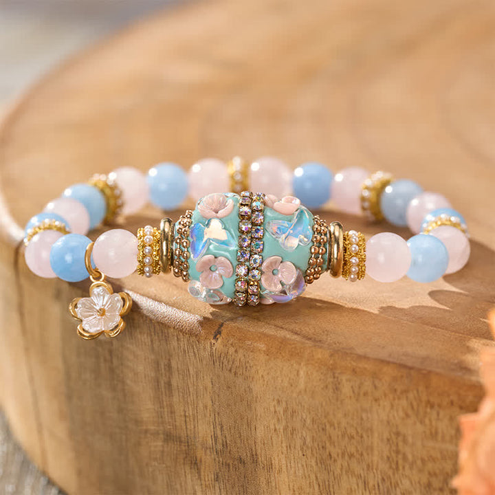 Buddha Stones Rose Quartz Blue Chalcedony Copper Barrel Bead Flower Pendant Love Round Bead Bracelet - image 3