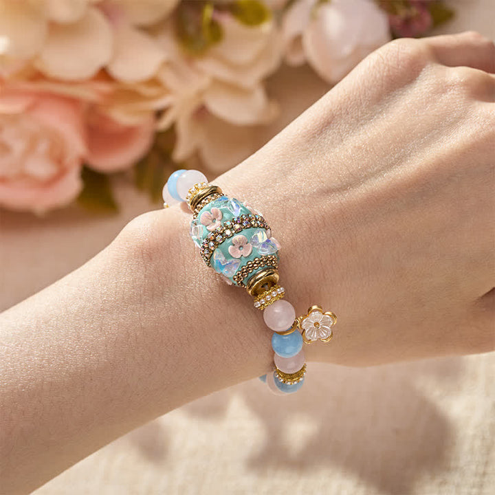 Buddha Stones Rose Quartz Blue Chalcedony Copper Barrel Bead Flower Pendant Love Round Bead Bracelet - image 4