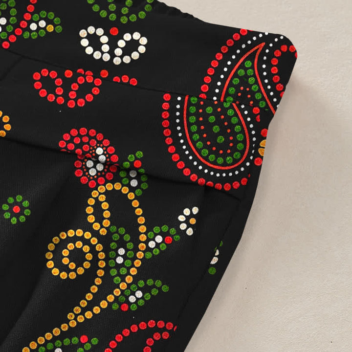 Buddha Stones Cotton Linen Floral Folk-inspired Pattern Women's Elastic Waist Wide Leg Pants With Pockets - image 3