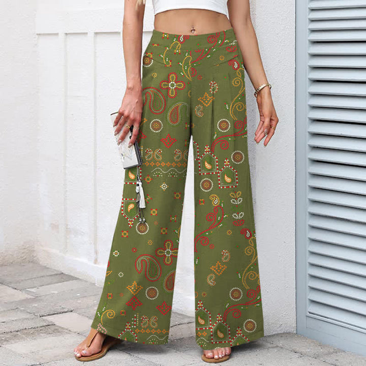 Buddha Stones Cotton Linen Floral Folk-inspired Pattern Women's Elastic Waist Wide Leg Pants With Pockets - image 6