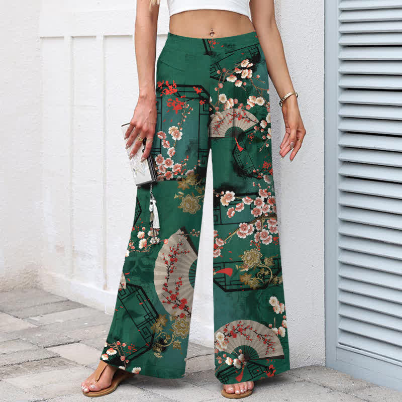 Buddha Stones Cotton Linen Oriental Floral Fan Pattern Women's Elastic Waist Wide Leg Pants With Pockets - image 1