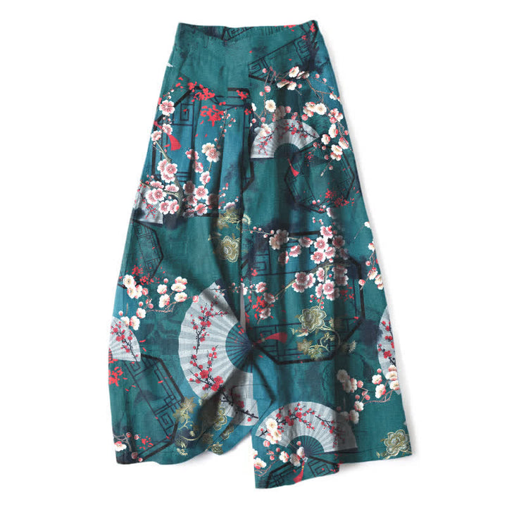 Buddha Stones Cotton Linen Oriental Floral Fan Pattern Women's Elastic Waist Wide Leg Pants With Pockets - Teal - US16，UK/AU20，EU48 (3XL) - image 5