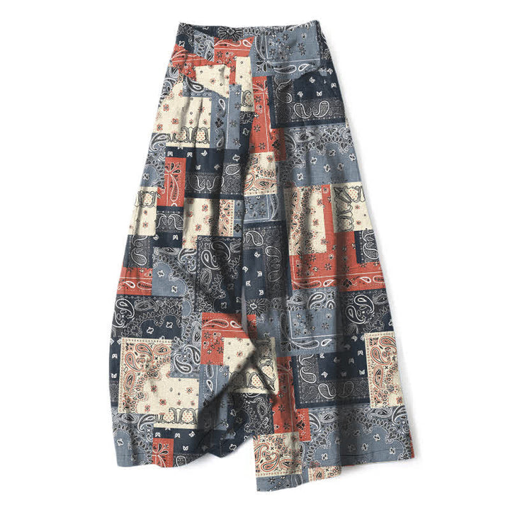 Buddha Stones Cotton Linen Patchwork Paisley Pattern Women's Elastic Waist Wide Leg Pants With Pockets - SlateGray - US16，UK/AU20，EU48 (3XL) - image 0