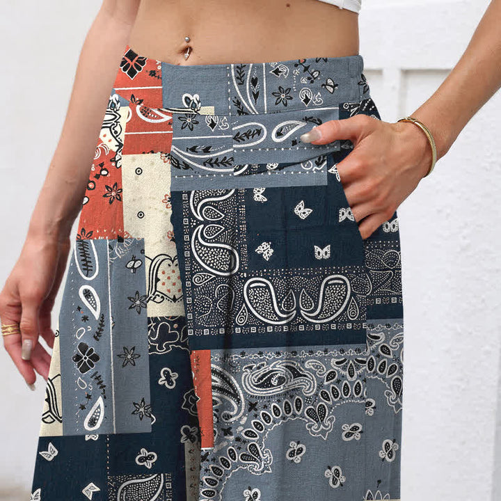 Buddha Stones Cotton Linen Patchwork Paisley Pattern Women's Elastic Waist Wide Leg Pants With Pockets - image 2