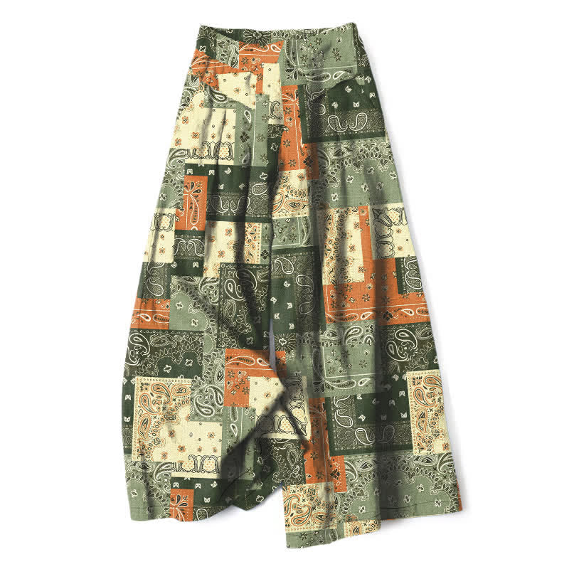 Buddha Stones Cotton Linen Patchwork Paisley Pattern Women's Elastic Waist Wide Leg Pants With Pockets - OliveDrab - US16，UK/AU20，EU48 (3XL) - image 7