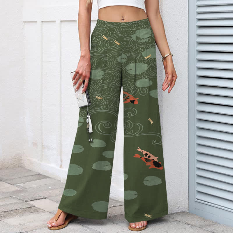 Buddha Stones Cotton Linen Lotus Leaf Koi Fish Ripple Pattern Women's Elastic Waist Wide Leg Pants With Pockets - image 6