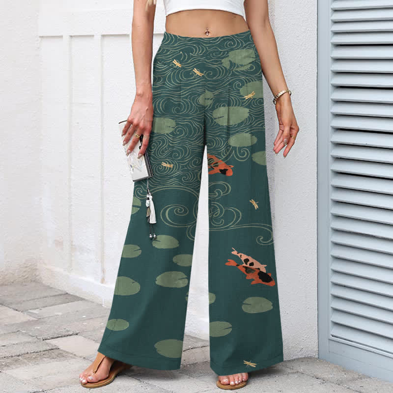 Buddha Stones Cotton Linen Lotus Leaf Koi Fish Ripple Pattern Women's Elastic Waist Wide Leg Pants With Pockets - image 8