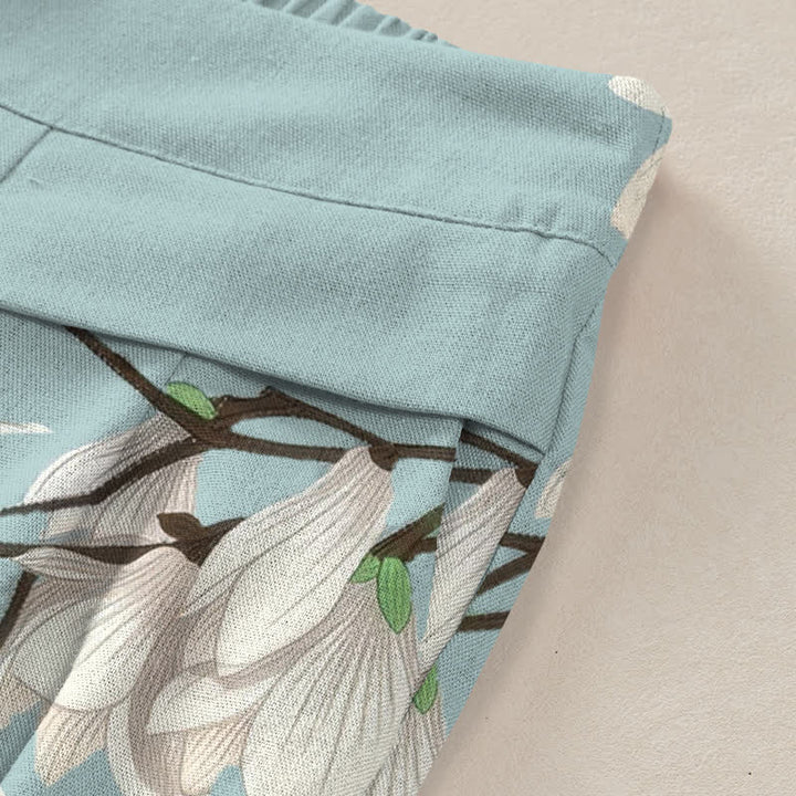 Buddha Stones Cotton Linen Vintage Floral Pattern Women's Elastic Waist Wide Leg Pants With Pockets - image 3