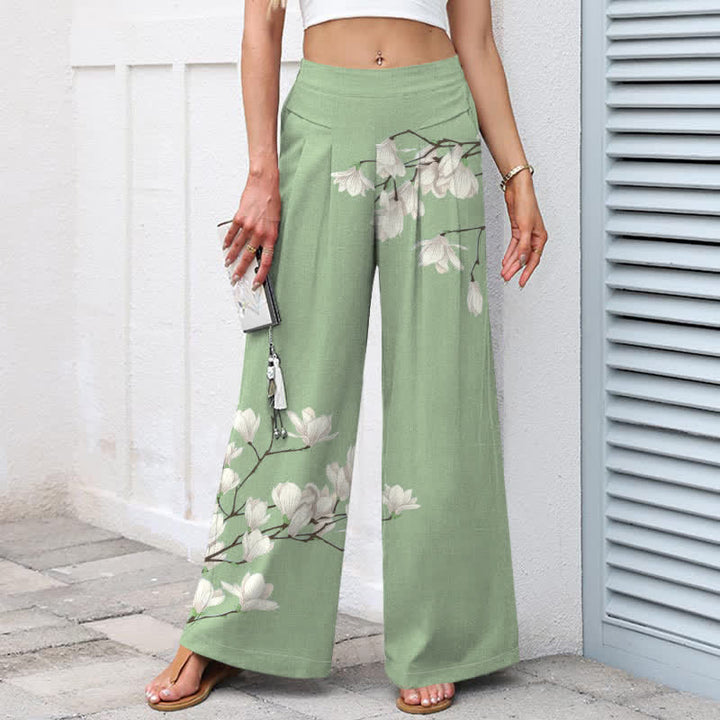 Buddha Stones Cotton Linen Vintage Floral Pattern Women's Elastic Waist Wide Leg Pants With Pockets - image 6