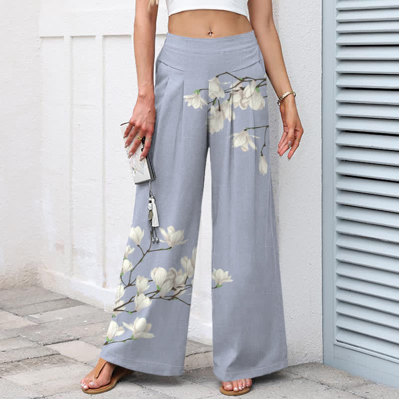 Buddha Stones Cotton Linen Vintage Floral Pattern Women's Elastic Waist Wide Leg Pants With Pockets - image 8