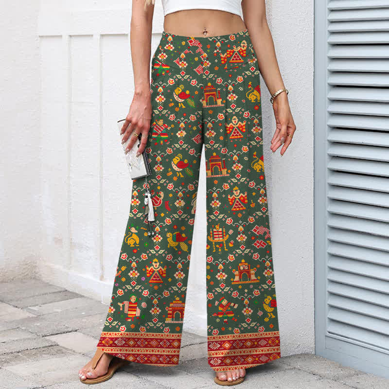 Buddha Stones Cotton Linen Bohemian Geometric Pattern Women's Elastic Waist Wide Leg Pants With Pockets - image 6