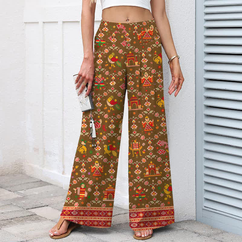 Buddha Stones Cotton Linen Bohemian Geometric Pattern Women's Elastic Waist Wide Leg Pants With Pockets - image 8