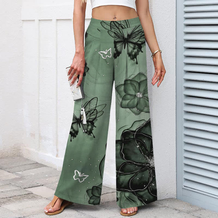 Buddha Stones Cotton Linen Butterfly Floral Pattern Women's Elastic Waist Wide Leg Pants With Pockets - image 1