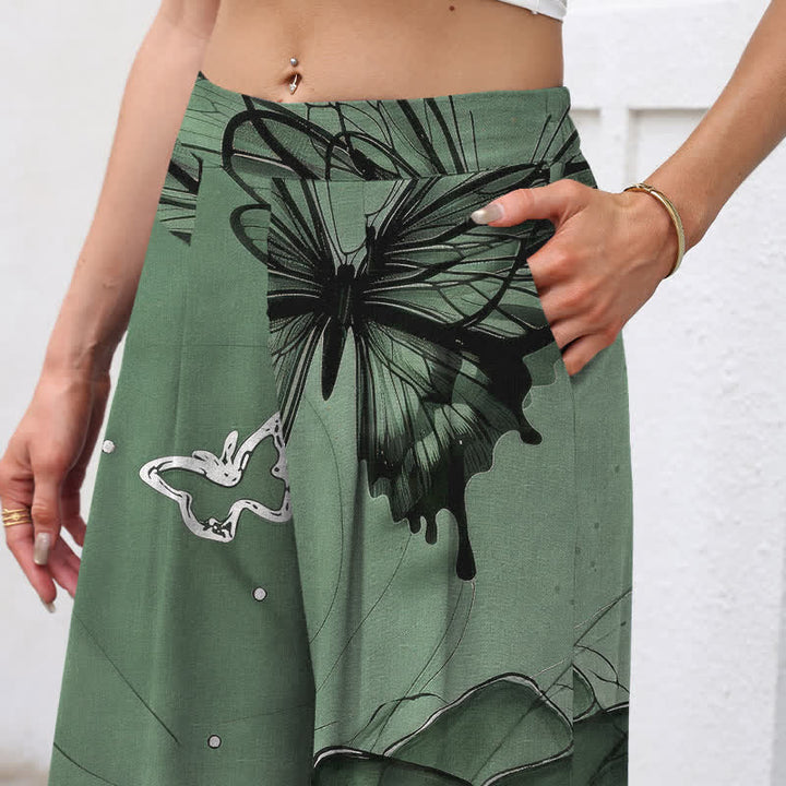 Buddha Stones Cotton Linen Butterfly Floral Pattern Women's Elastic Waist Wide Leg Pants With Pockets - image 2