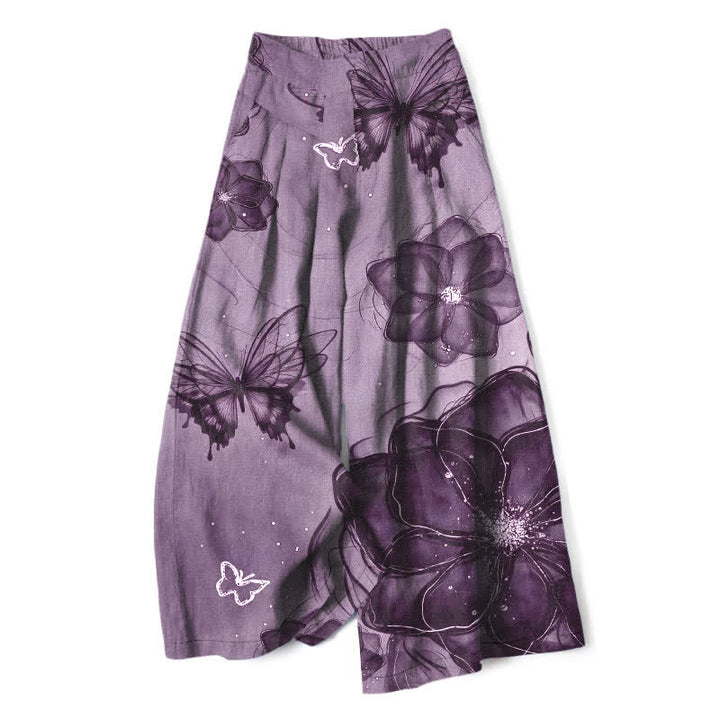 Buddha Stones Cotton Linen Butterfly Floral Pattern Women's Elastic Waist Wide Leg Pants With Pockets - MediumPurple - US16，UK/AU20，EU48 (3XL) - image 5